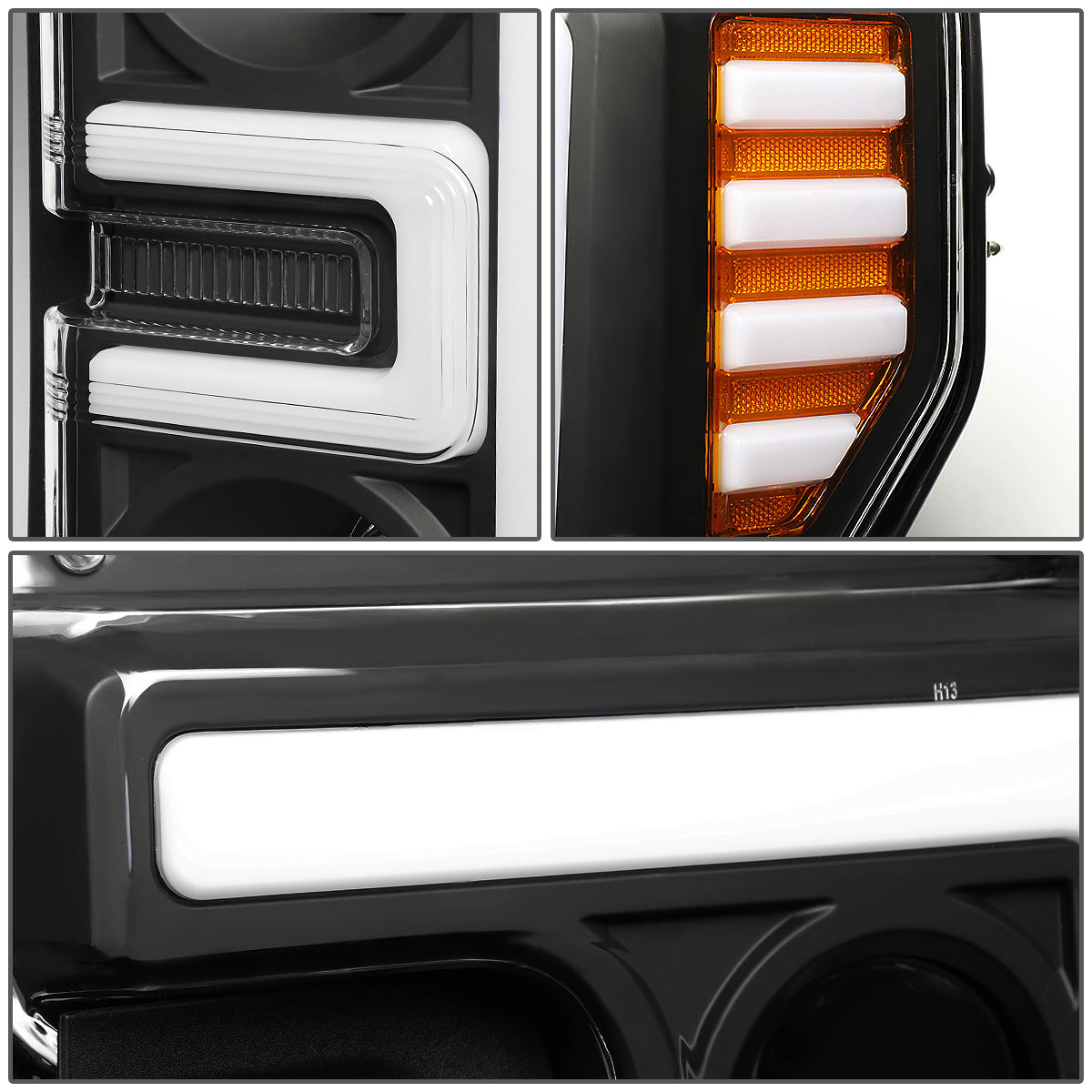 FAROS 17-19 FORD F-250 , F-350 , F-450 , F-550 SUPER DUTY - ONLY FITS HALOGEN HEADLIGHT MODELS - 3D - LED DRL - PROJECTOR - BLACK HOUSING / AMBER CORNER - H1 LOW BEAM / H1 HIGH BEAM
