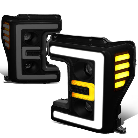 FAROS 17-19 FORD F-250 , F-350 , F-450 , F-550 SUPER DUTY - ONLY FITS HALOGEN HEADLIGHT MODELS - 3D - LED DRL - PROJECTOR - BLACK HOUSING / SMOKE LENS / AMBER CORNER - H1 LOW BEAM / H1 HIGH BEAM