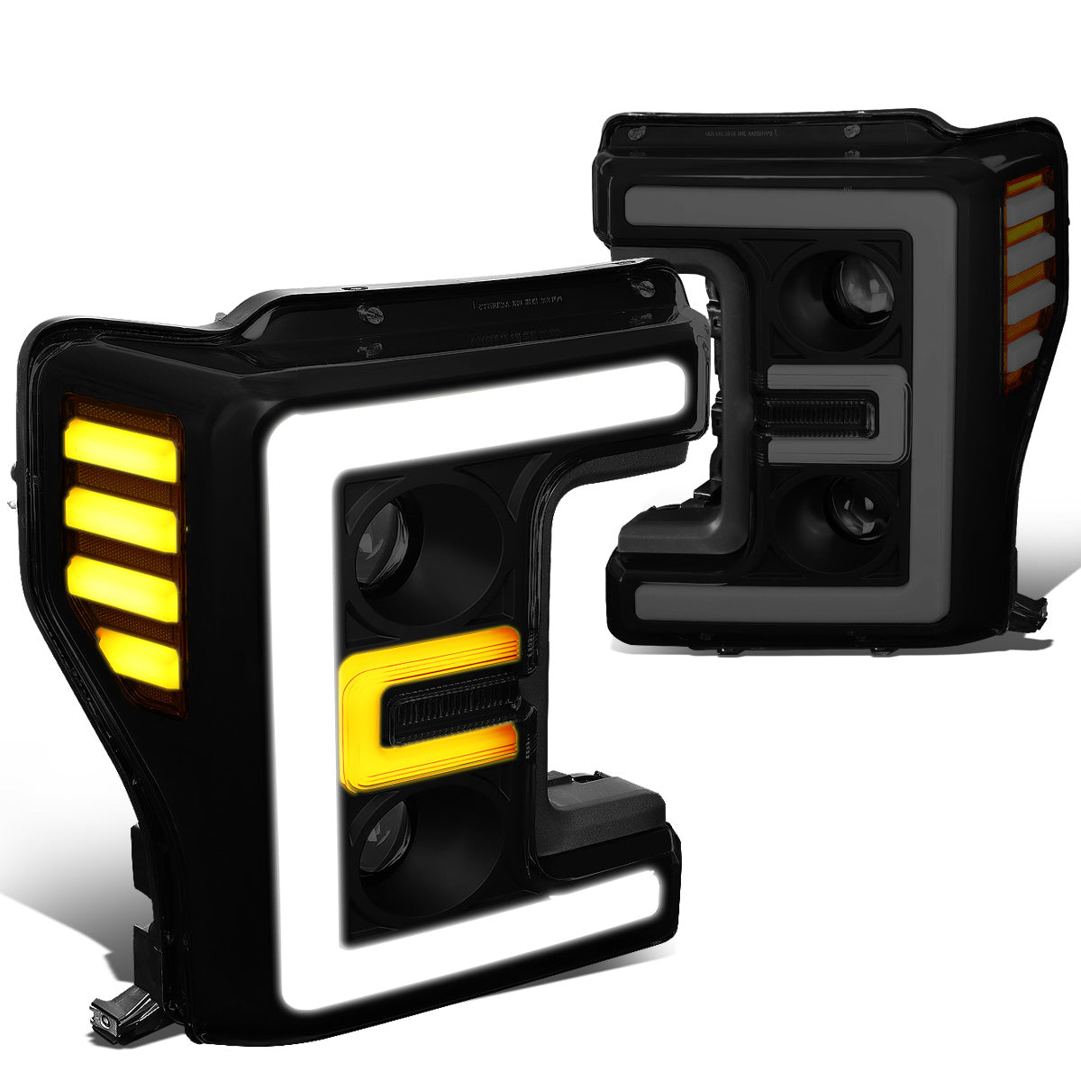 FAROS 17-19 FORD F-250 , F-350 , F-450 , F-550 SUPER DUTY - ONLY FITS HALOGEN HEADLIGHT MODELS - 3D - LED DRL - PROJECTOR - BLACK HOUSING / SMOKE LENS / AMBER CORNER - H1 LOW BEAM / H1 HIGH BEAM