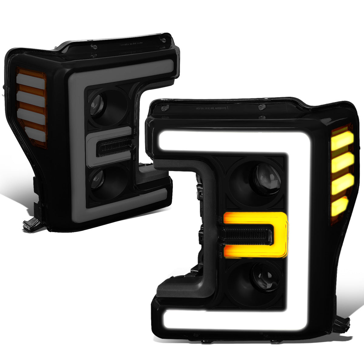 FAROS 17-19 FORD F-250 , F-350 , F-450 , F-550 SUPER DUTY - ONLY FITS HALOGEN HEADLIGHT MODELS - 3D - LED DRL - PROJECTOR - BLACK HOUSING / SMOKE LENS / AMBER CORNER - H1 LOW BEAM / H1 HIGH BEAM