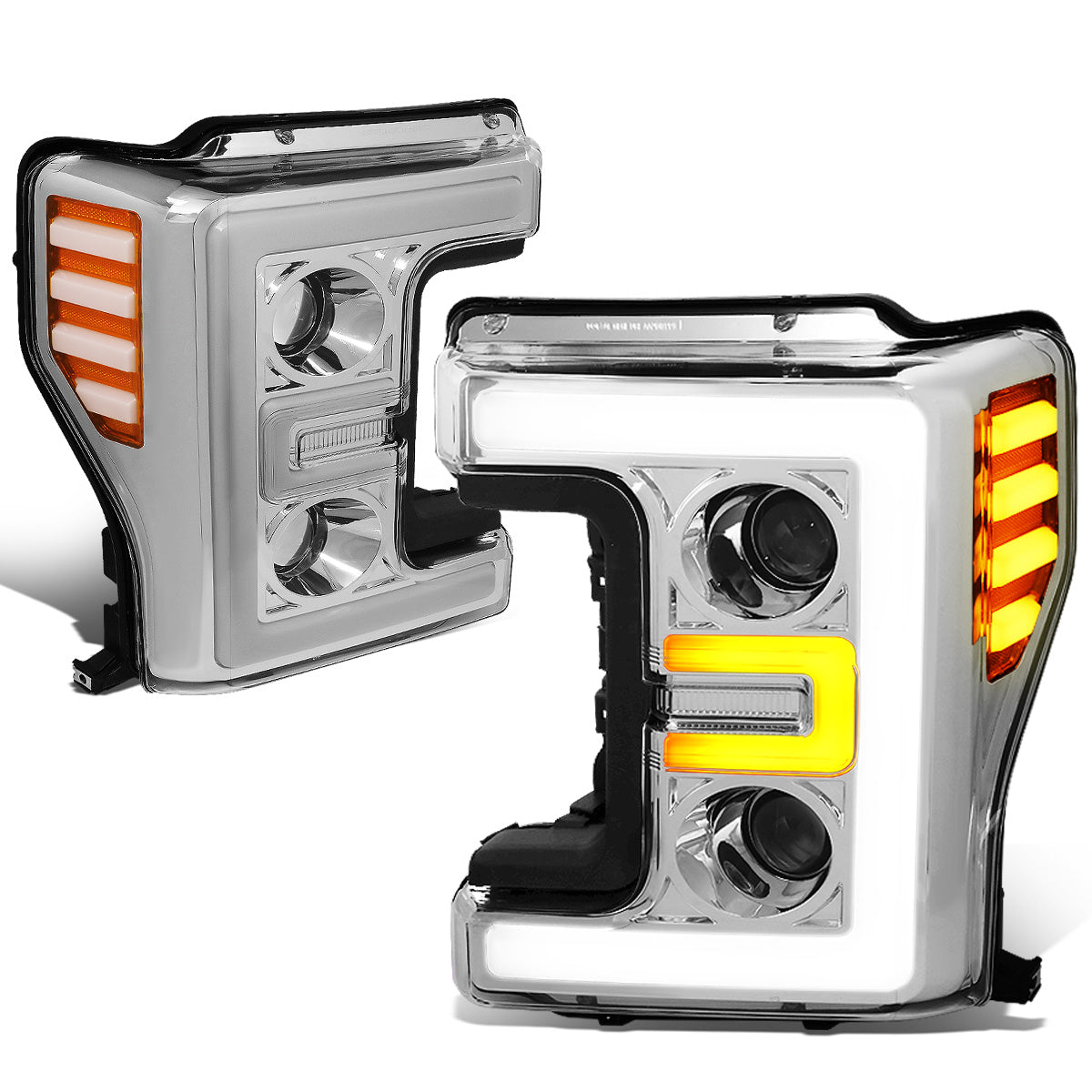 FAROS 17-19 FORD F-250 , F-350 , F-450 , F-550 SUPER DUTY - ONLY FITS HALOGEN HEADLIGHT MODELS - 3D - LED DRL - PROJECTOR - CHROME HOUSING / AMBER CORNER - H1 LOW BEAM / H1 HIGH BEAM