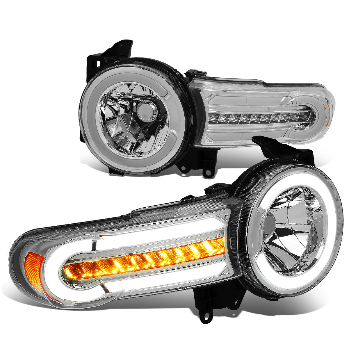 FAROS 07-14 TOYOTA FJ CRUISER - LED DRL - SEQUENTIAL TURN SIGNAL - CHROME HOUSING / AMBER CORNER - 9003 LOW BEAM / H4 HIGH BEAM