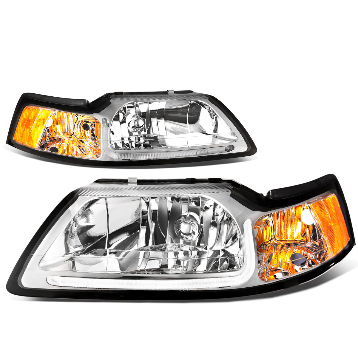 FAROS 99-04 FORD MUSTANG - LED DRL - DAY TIME RUNNING LIGHT STRIP REQUIRES WIRING TO VEHICLE - CHROME HOUSING / AMBER CORNER - 9007 LOW / HIGH BEAM