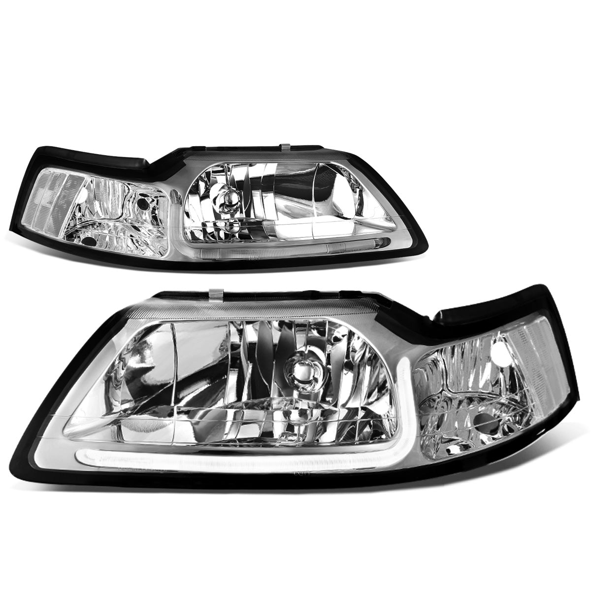 FAROS 99-04 FORD MUSTANG - LED DRL - DAY TIME RUNNING LIGHT STRIP REQUIRES WIRING TO VEHICLE - CHROME HOUSING / CLEAR CORNER - 9007 LOW / HIGH BEAM