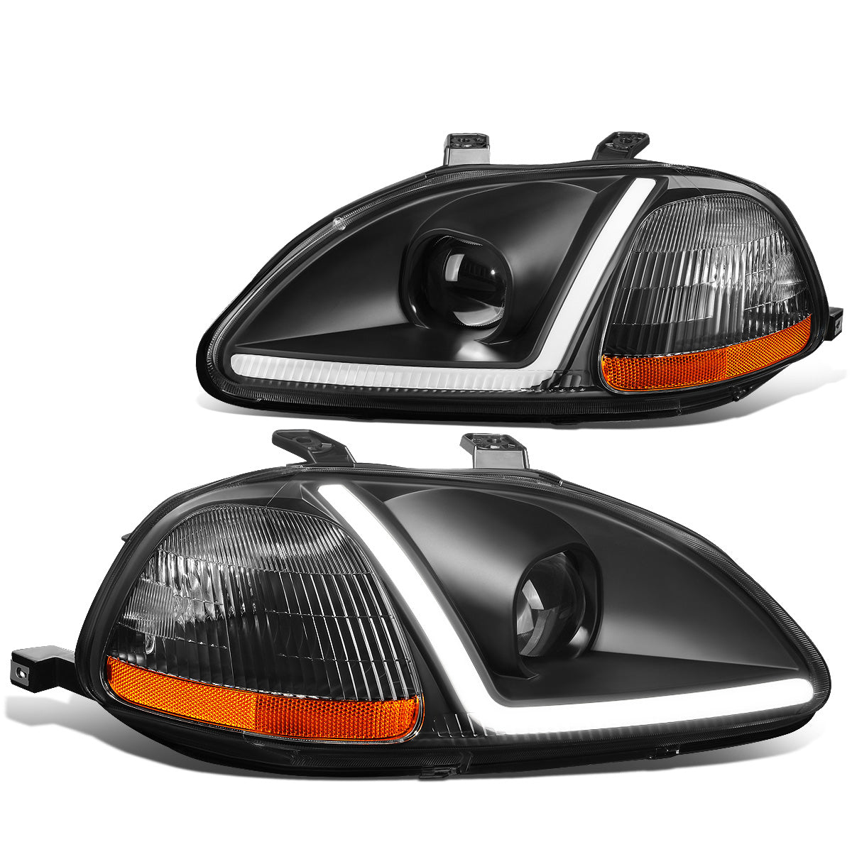 FAROS 96-98 HONDA CIVIC - LED RUNNING LIGHT REQUIRES WIRING INTO EXISTING LIGHTING WIRE HARNESS - LED DRL - PROJECTOR - BLACK HOUSING / AMBER CORNER - H7 LOW BEAM / H7 HIGH BEAM