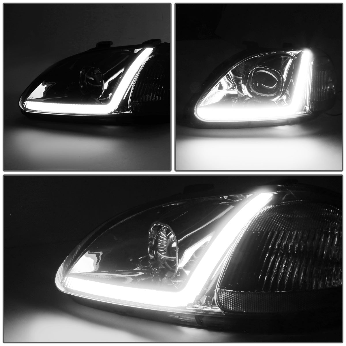 FAROS 96-98 HONDA CIVIC - LED RUNNING LIGHT REQUIRES WIRING INTO EXISTING LIGHTING WIRE HARNESS - LED DRL - PROJECTOR - CHROME HOUSING / CLEAR CORNER - H7 LOW BEAM / H7 HIGH BEAM