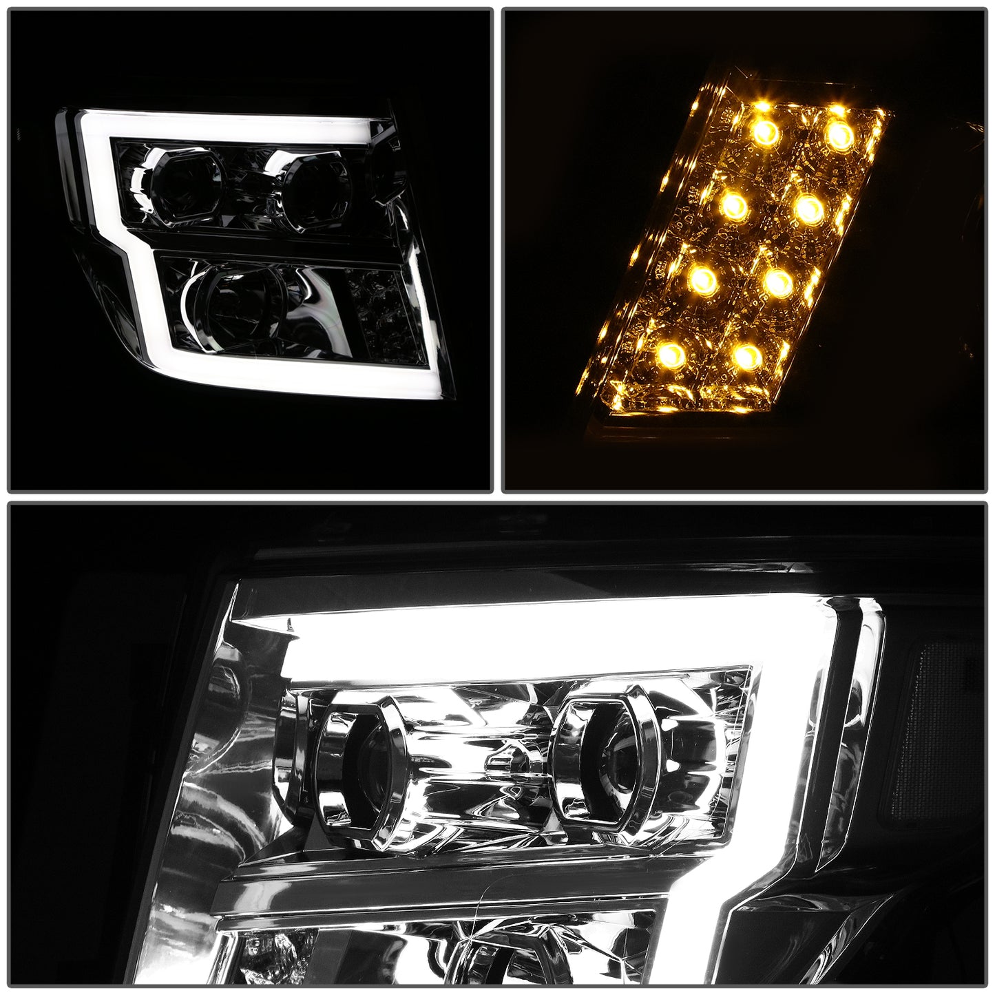 FAROS 17-22 NISSAN TITAN / 16-22 NISSAN TITAN XD - FITS MODELS WITH HALOGEN HEADLIGHTS ONLY - DOES NOT FIT FACTORY HID EQUIPPED MODELS - PROJECTOR CONVERSION LED RUNNING LIGHT STRIP - H1 LOW BEAM / H1 HIGH BEAM / 2825 SIDE MARKER - CHROME HOUSING / CLEAR