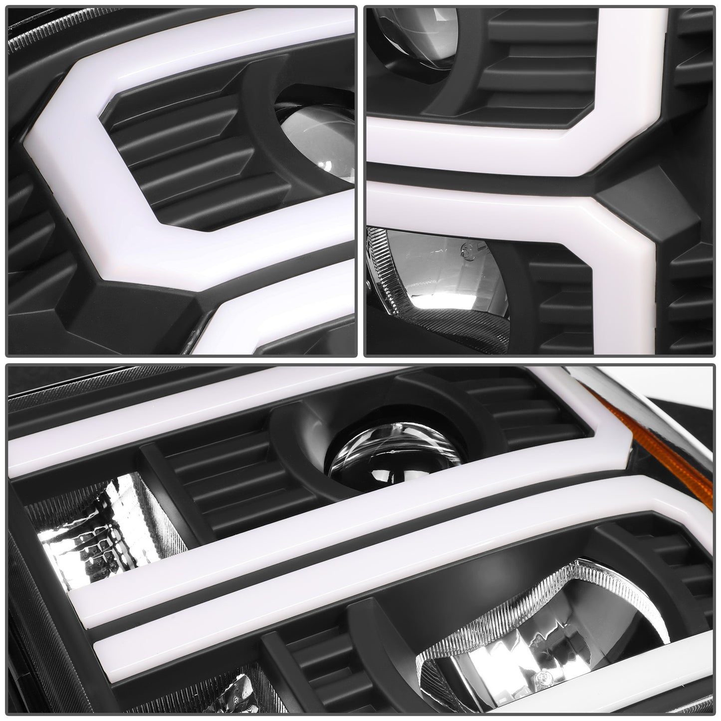 FAROS 07-13 GMC SIERRA 1500 / 07-14 GMC SIERRA 2500, 3500 - DOES NOT FIT 2007 CLASSIC STYLES - LIGHT BAR REQUIRES WIRING INTO EXISTING HARNESS - DUAL U-BAR LED DRL - BLACK HOUSING / AMBER CORNER