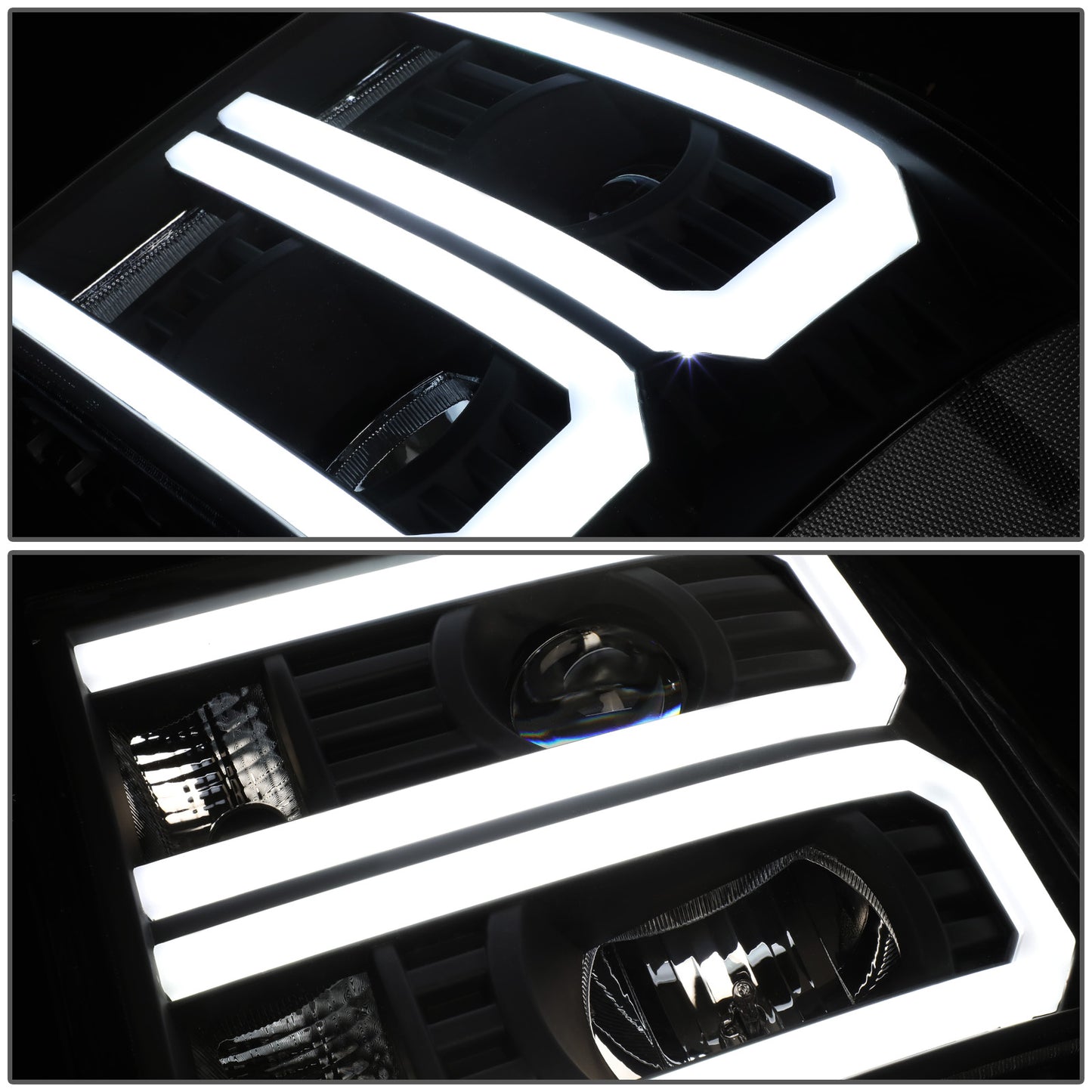 FAROS 07-13 GMC SIERRA 1500 / 07-14 GMC SIERRA 2500, 3500 - DOES NOT FIT 2007 CLASSIC STYLES - LIGHT BAR REQUIRES WIRING INTO EXISTING HARNESS - DUAL U-BAR LED DRL - BLACK HOUSING / CLEAR CORNER