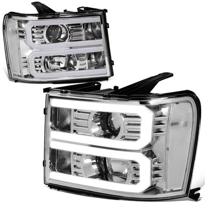 FAROS 07-13 GMC SIERRA 1500 / 07-14 GMC SIERRA 2500, 3500 - DOES NOT FIT 2007 CLASSIC STYLES - LIGHT BAR REQUIRES WIRING INTO EXISTING HARNESS - DUAL U-BAR LED DRL - CHROME HOUSING / CLEAR CORNER