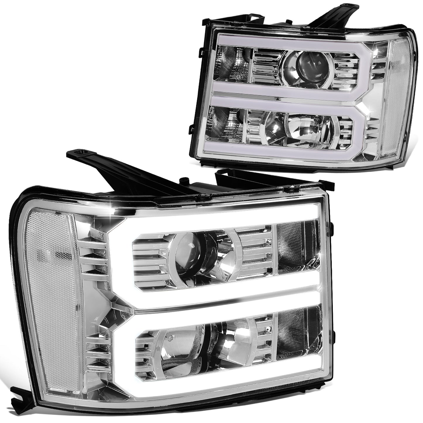 FAROS 07-13 GMC SIERRA 1500 / 07-14 GMC SIERRA 2500, 3500 - DOES NOT FIT 2007 CLASSIC STYLES - LIGHT BAR REQUIRES WIRING INTO EXISTING HARNESS - DUAL U-BAR LED DRL - CHROME HOUSING / CLEAR CORNER