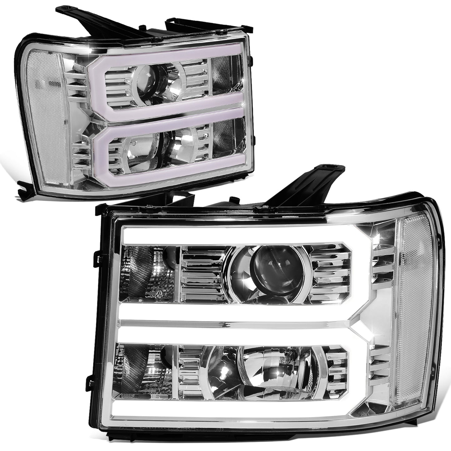 FAROS 07-13 GMC SIERRA 1500 / 07-14 GMC SIERRA 2500, 3500 - DOES NOT FIT 2007 CLASSIC STYLES - LIGHT BAR REQUIRES WIRING INTO EXISTING HARNESS - DUAL U-BAR LED DRL - CHROME HOUSING / CLEAR CORNER