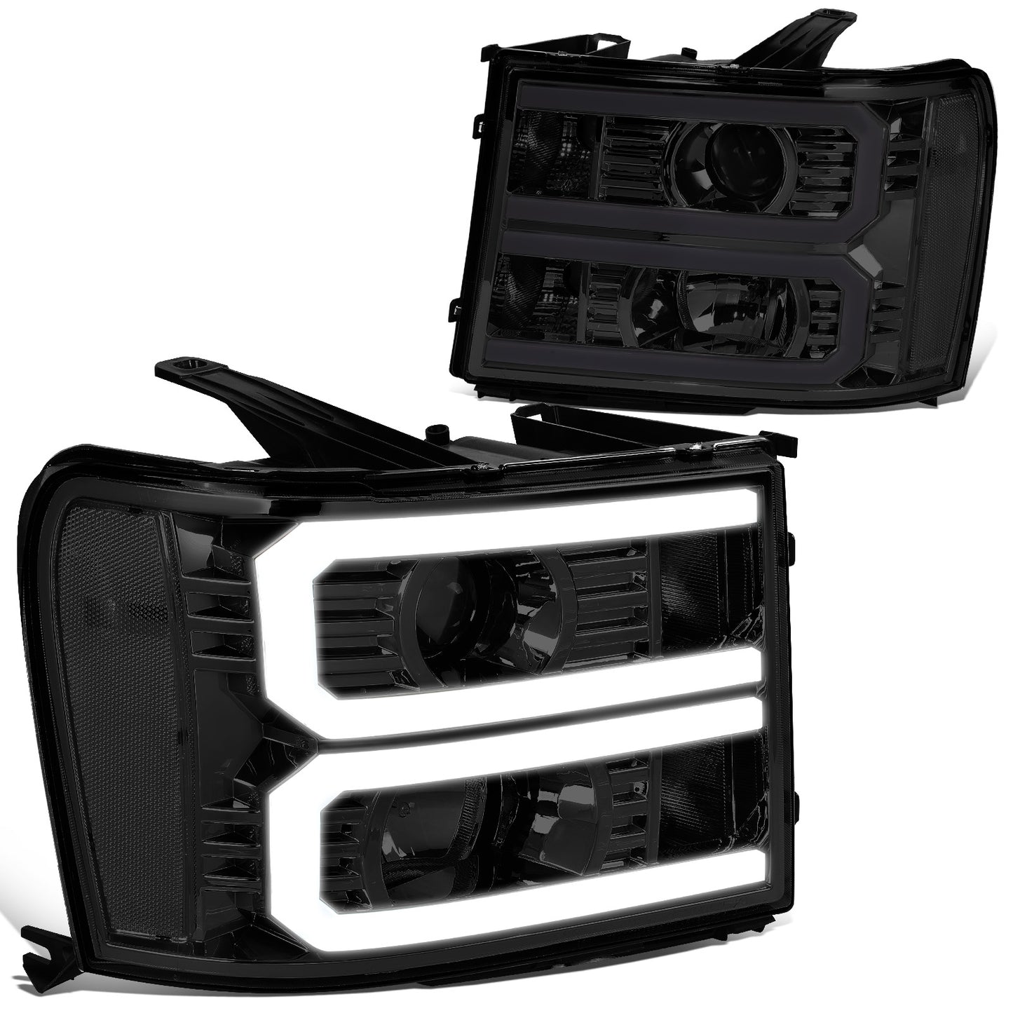 FAROS 07-13 GMC SIERRA 1500 / 07-14 GMC SIERRA 2500, 3500 - DOES NOT FIT 2007 CLASSIC STYLES - LIGHT BAR REQUIRES WIRING INTO EXISTING HARNESS - DUAL U-BAR LED DRL - SMOKE HOUSING / CLEAR CORNER