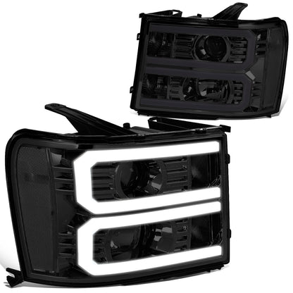 FAROS 07-13 GMC SIERRA 1500 / 07-14 GMC SIERRA 2500, 3500 - DOES NOT FIT 2007 CLASSIC STYLES - LIGHT BAR REQUIRES WIRING INTO EXISTING HARNESS - DUAL U-BAR LED DRL - SMOKE HOUSING / CLEAR CORNER