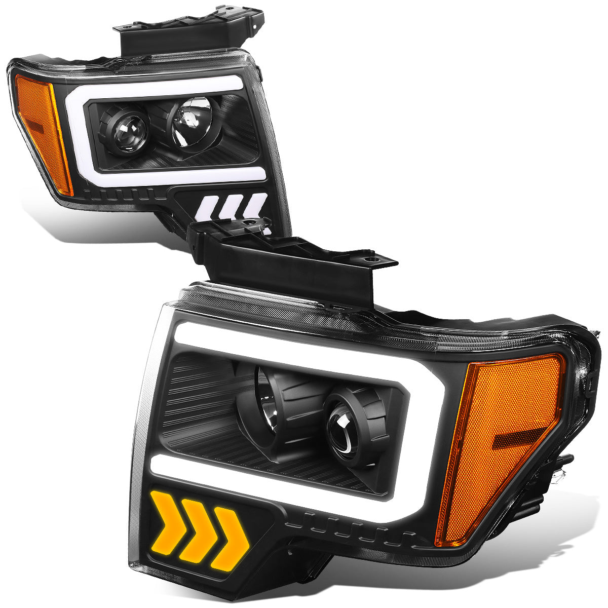 FAROS 09-14 FORD F-150 - ONLY FITS MODELS WITH HALOGEN HEADLIGHTS WITHOUT PROJECTOR - DAYTIME RUNNING LIGHT BAR REQUIRES WIRING INTO EXISITING LIGHTING HARNESS - LED DRL - PROJECTOR LOW BEAM - BLACK HOUSING / AMBER CORNER - H1 HIGH, H1 LOW BEAM, 19