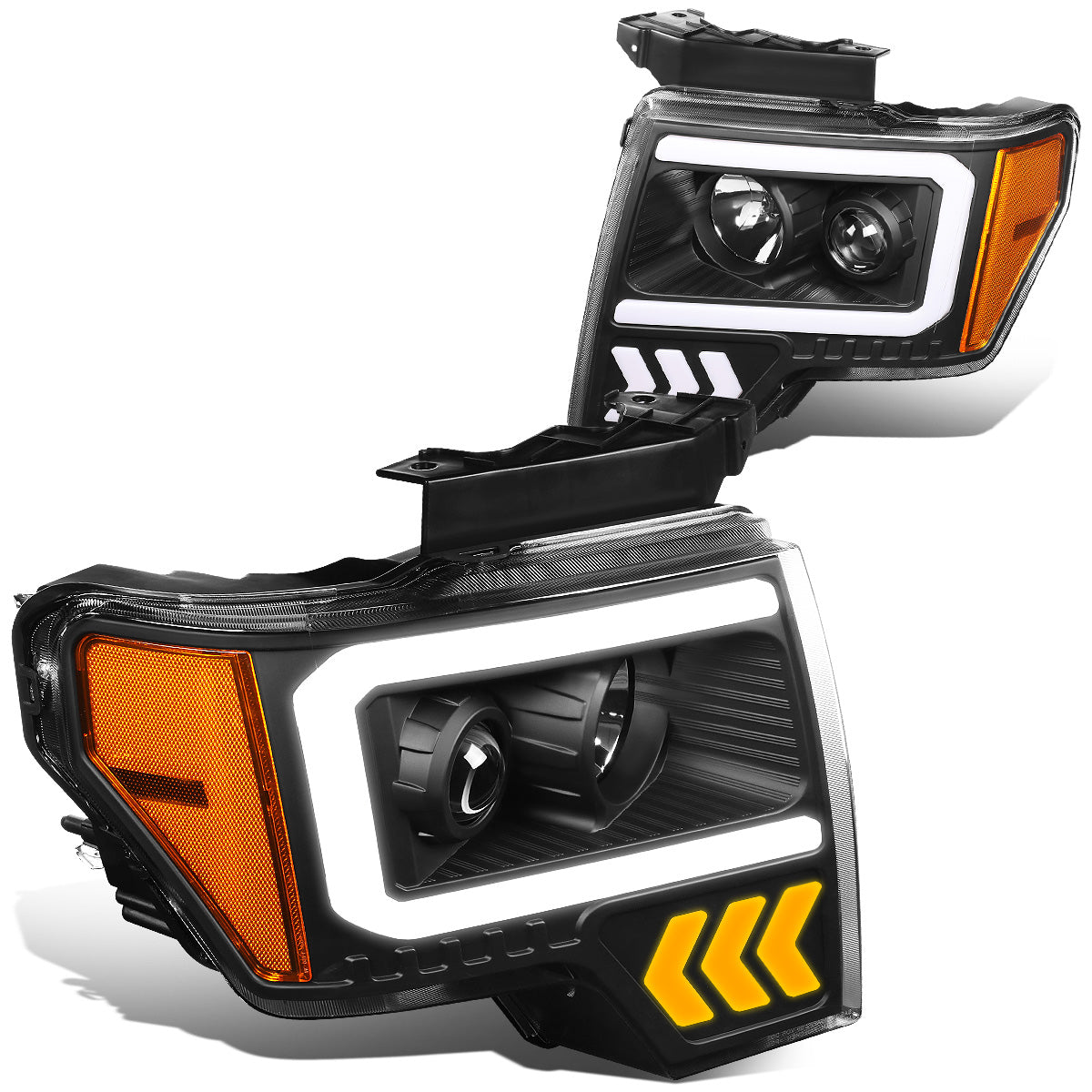 FAROS 09-14 FORD F-150 - ONLY FITS MODELS WITH HALOGEN HEADLIGHTS WITHOUT PROJECTOR - DAYTIME RUNNING LIGHT BAR REQUIRES WIRING INTO EXISITING LIGHTING HARNESS - LED DRL - PROJECTOR LOW BEAM - BLACK HOUSING / AMBER CORNER - H1 HIGH, H1 LOW BEAM, 19