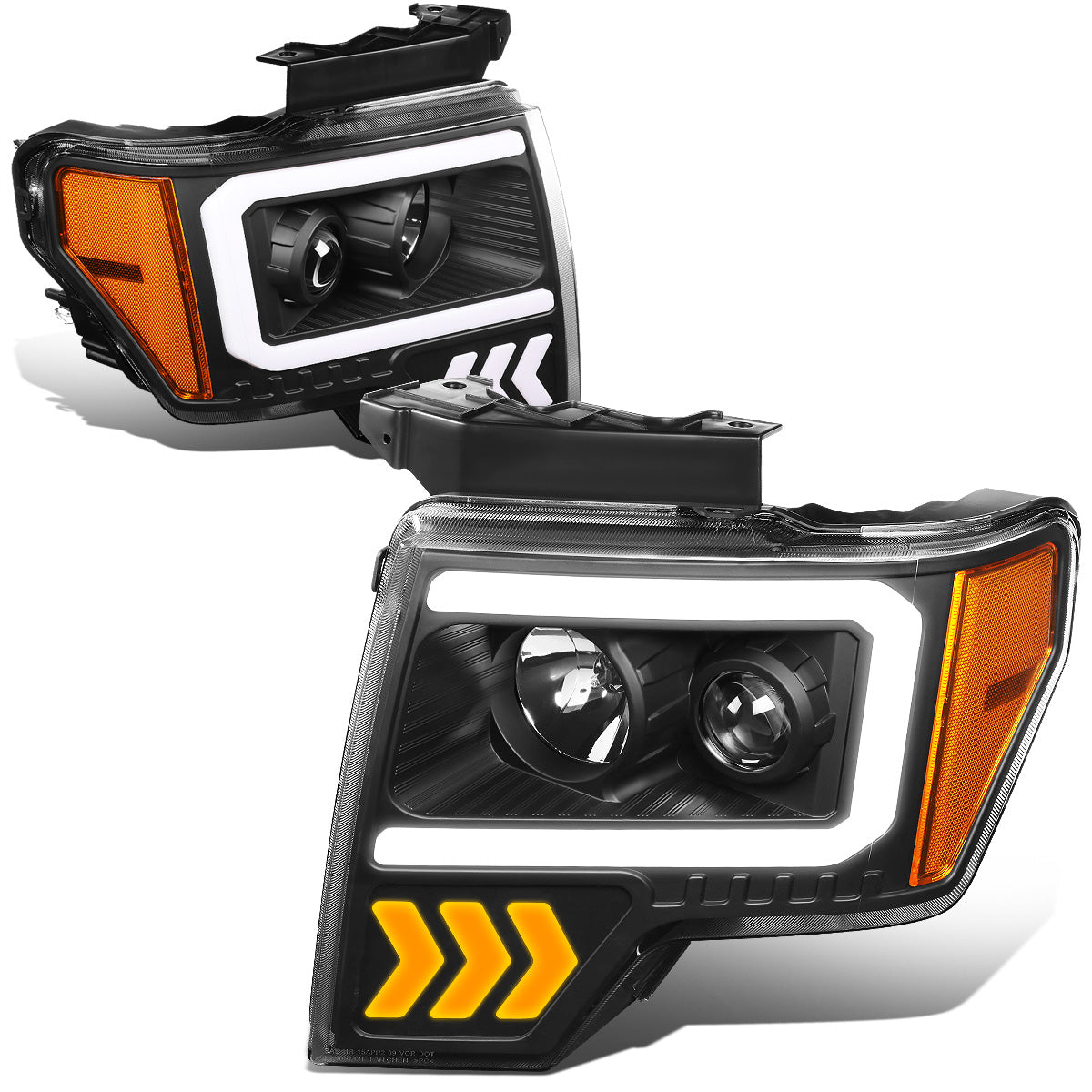 FAROS 09-14 FORD F-150 - ONLY FITS MODELS WITH HALOGEN HEADLIGHTS WITHOUT PROJECTOR - DAYTIME RUNNING LIGHT BAR REQUIRES WIRING INTO EXISITING LIGHTING HARNESS - LED DRL - PROJECTOR LOW BEAM - BLACK HOUSING / AMBER CORNER - H1 HIGH, H1 LOW BEAM, 19