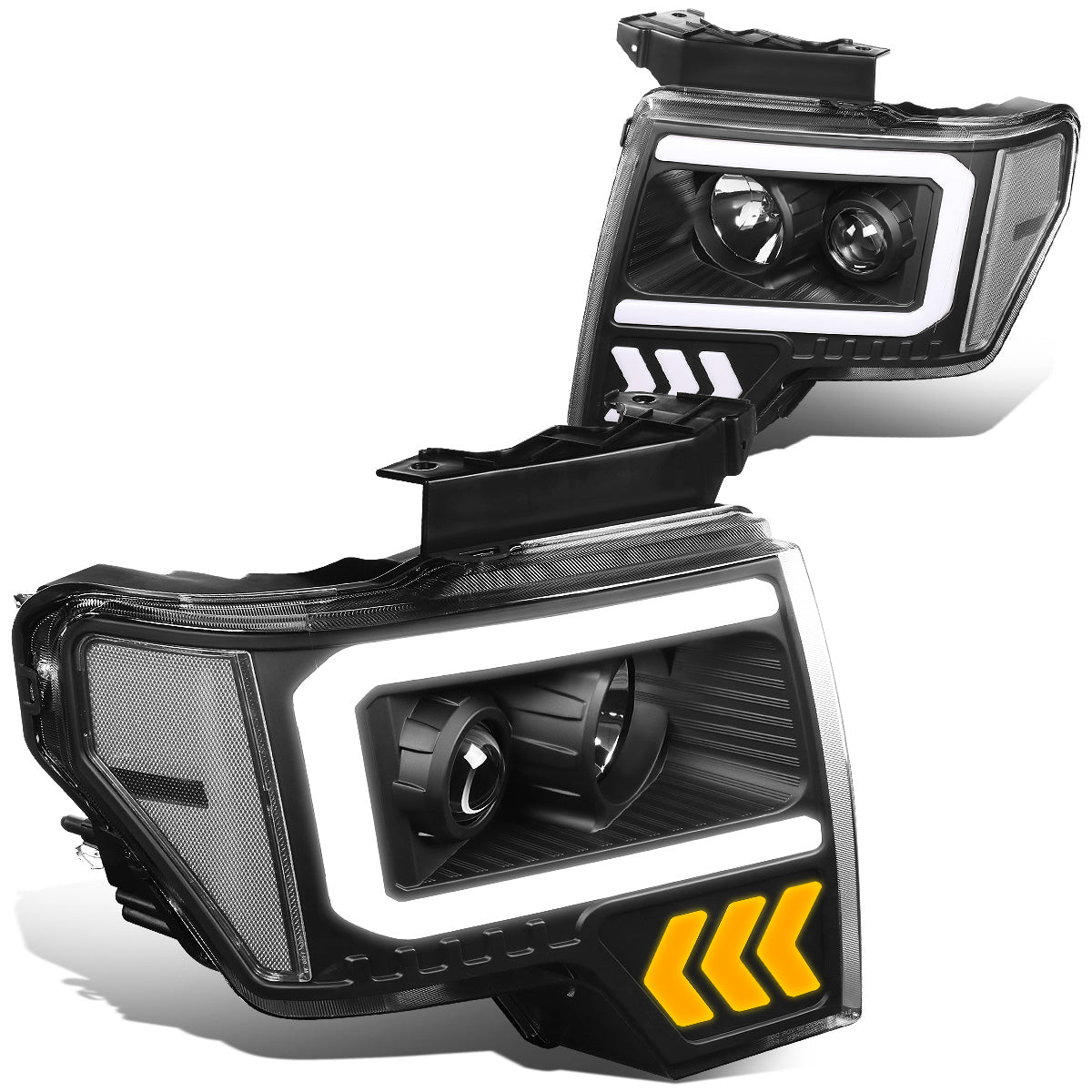 FAROS 09-14 FORD F-150 - ONLY FITS MODELS WITH HALOGEN HEADLIGHTS WITHOUT PROJECTOR - DAYTIME RUNNING LIGHT BAR REQUIRES WIRING INTO EXISITING LIGHTING HARNESS - LED DRL - PROJECTOR LOW BEAM - BLACK HOUSING / CLEAR CORNER - H1 HIGH, H1 LOW BEAM, 19