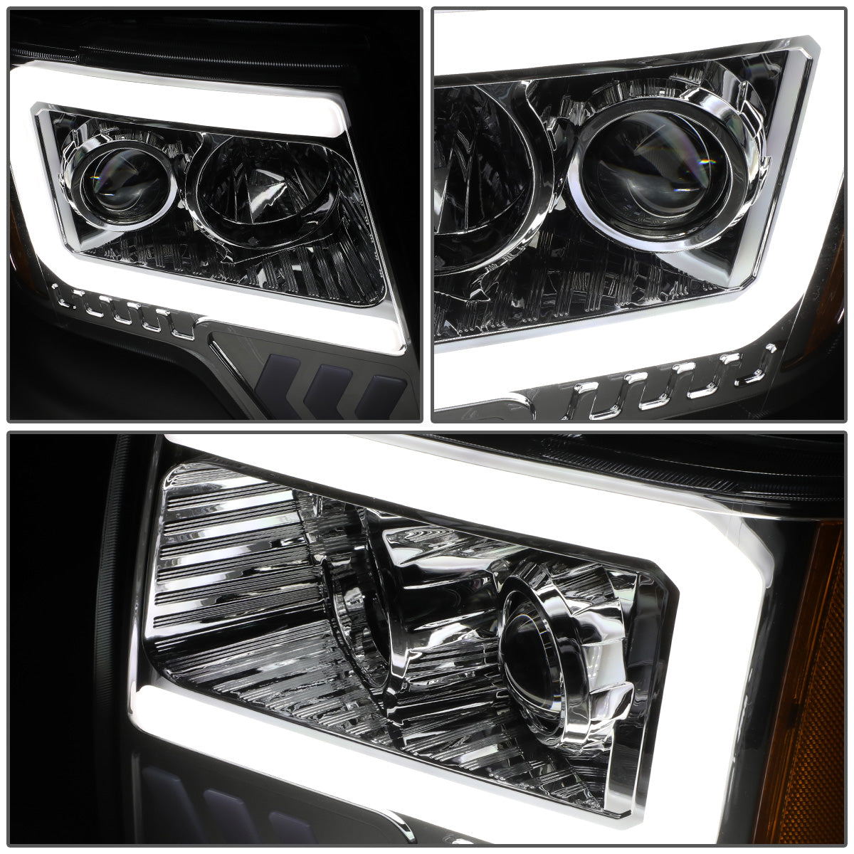 FAROS 09-14 FORD F-150 - ONLY FITS MODELS WITH HALOGEN HEADLIGHTS WITHOUT PROJECTOR - DAYTIME RUNNING LIGHT BAR REQUIRES WIRING INTO EXISITING LIGHTING HARNESS - LED DRL - PROJECTOR LOW BEAM - SMOKE HOUSING / AMBER CORNER - H1 HIGH, H1 LOW BEAM, 1