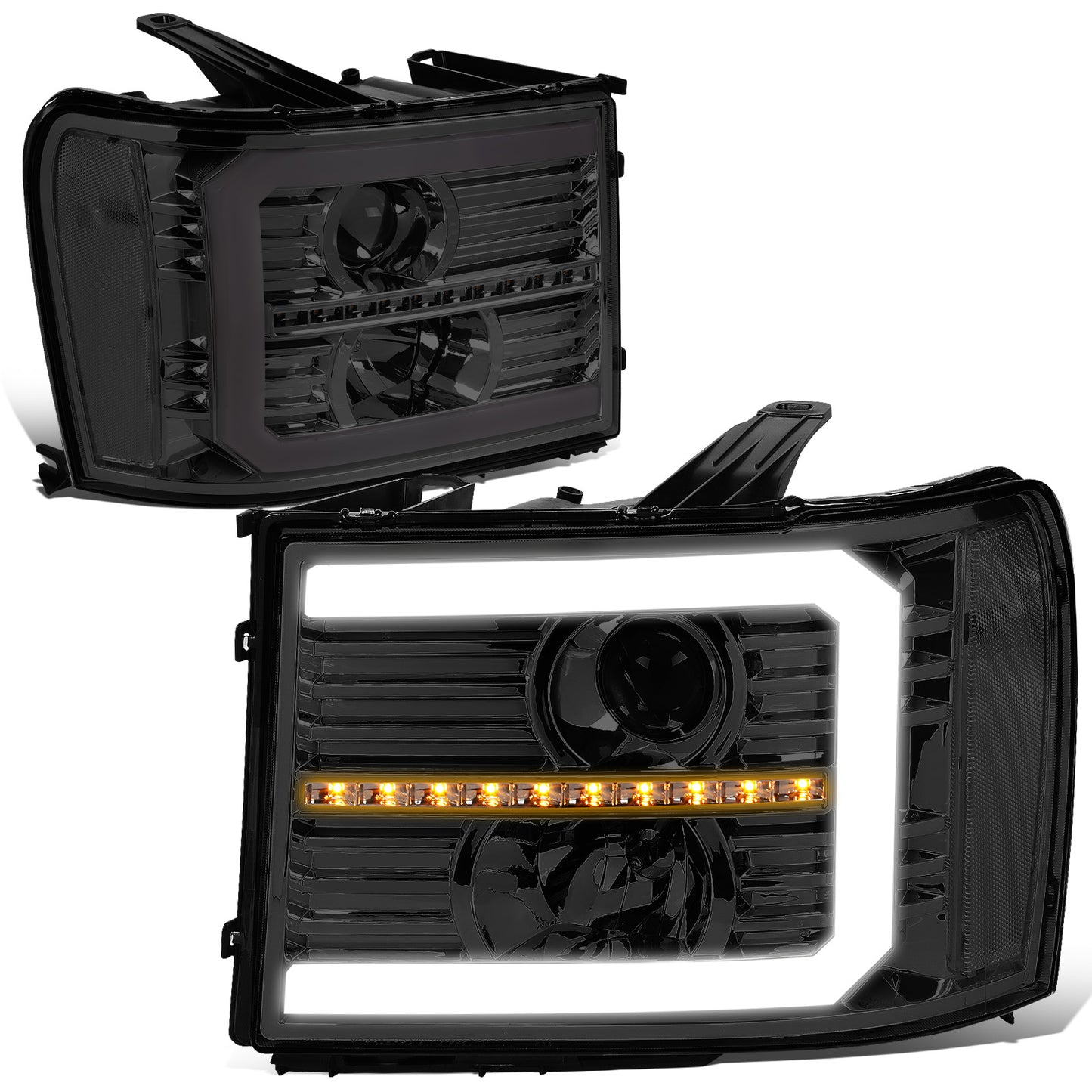 FAROS 07-13 GMC SIERRA 1500 / 07-14 GMC SIERRA 2500, 3500 - DOES NOT FIT 2007 CLASSIC STYLES - C-BAR LED DRL - SEQUENTIAL LED - SMOKE HOUSING / CLEAR CORNER