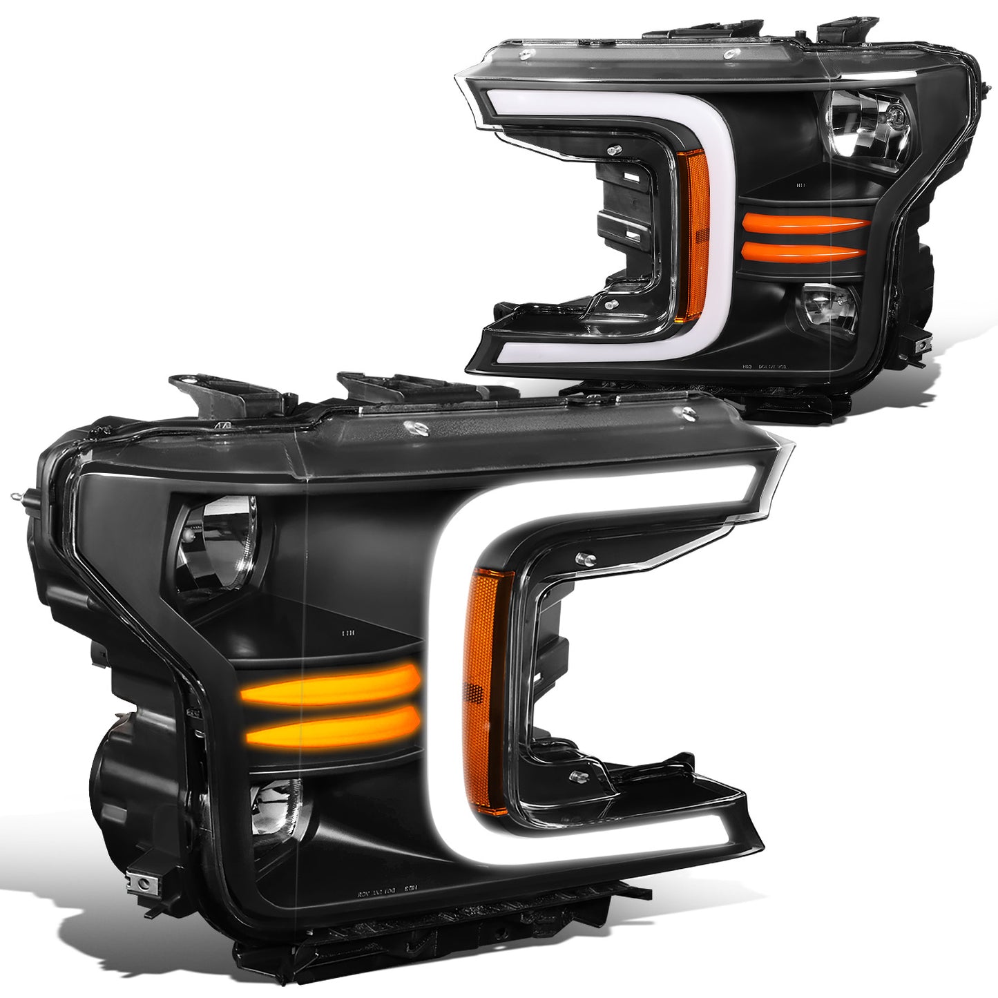 FAROS 18-21 FORD F-150 - FITS MODELS WITH HALOGEN HEADLIGHTS ONLY - C-BAR LED DRL - SEQUENTIAL LED - BLACK HOUSING / AMBER CORNER