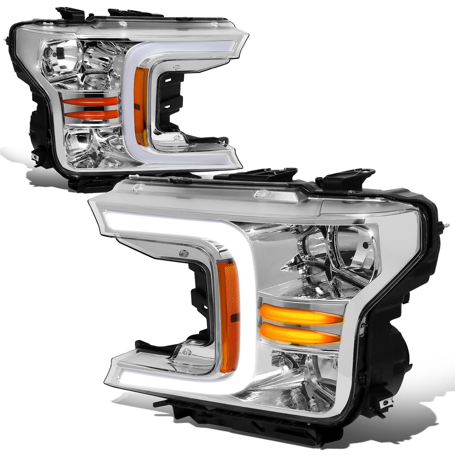FAROS 18-21 FORD F-150 - FITS MODELS WITH HALOGEN HEADLIGHTS ONLY - C-BAR LED DRL - SEQUENTIAL LED - CHROME HOUSING / AMBER CORNER