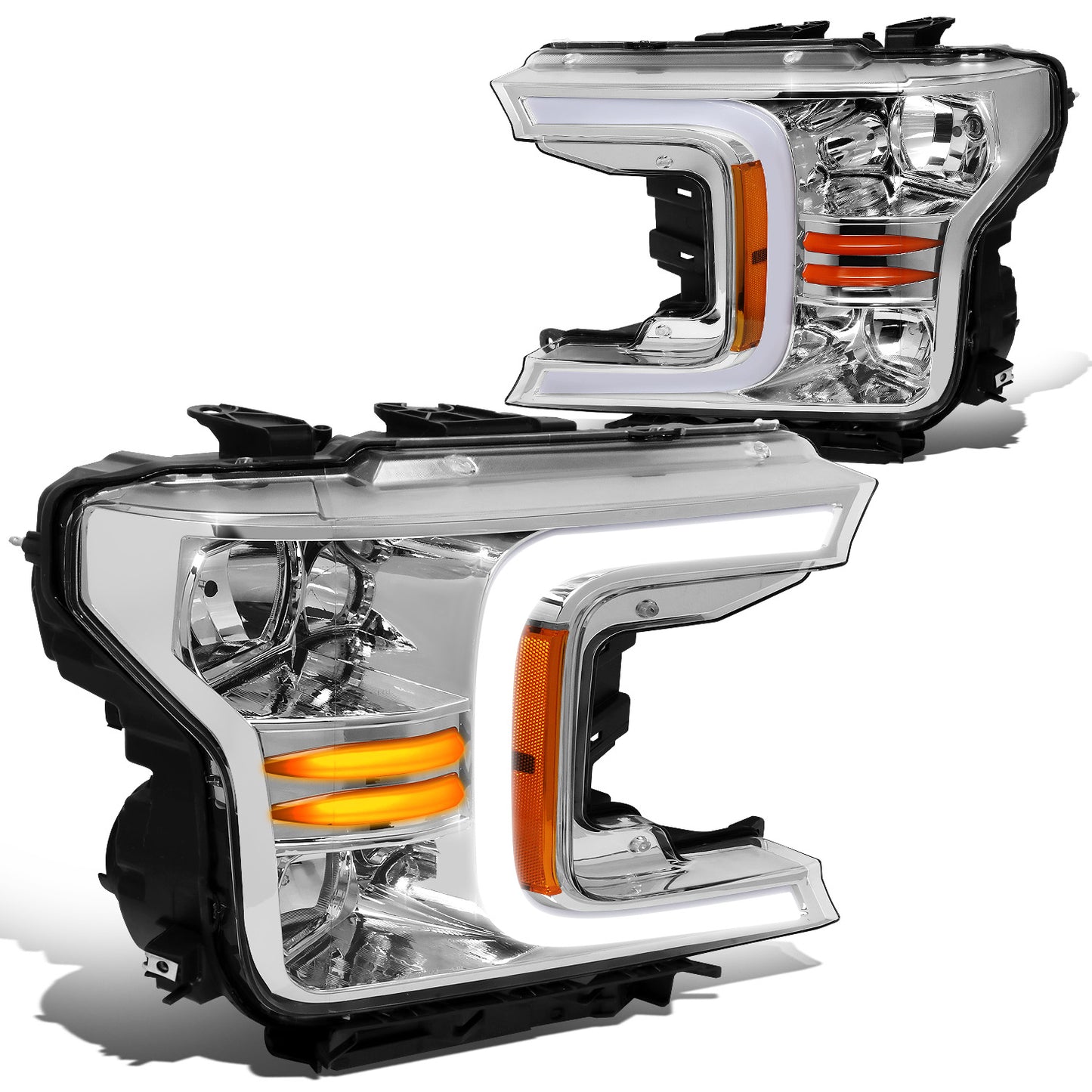 FAROS 18-21 FORD F-150 - FITS MODELS WITH HALOGEN HEADLIGHTS ONLY - C-BAR LED DRL - SEQUENTIAL LED - CHROME HOUSING / AMBER CORNER