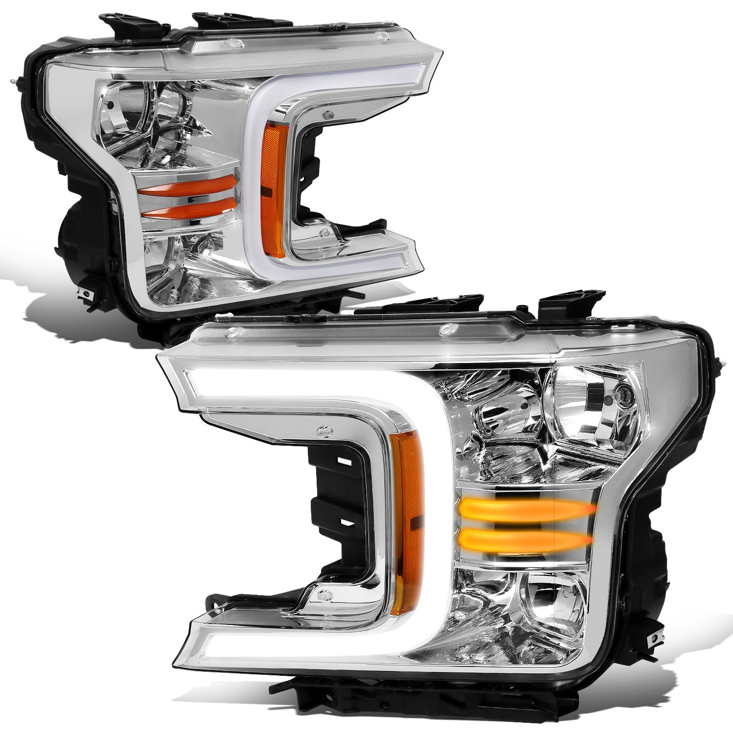 FAROS 18-21 FORD F-150 - FITS MODELS WITH HALOGEN HEADLIGHTS ONLY - C-BAR LED DRL - SEQUENTIAL LED - CHROME HOUSING / AMBER CORNER