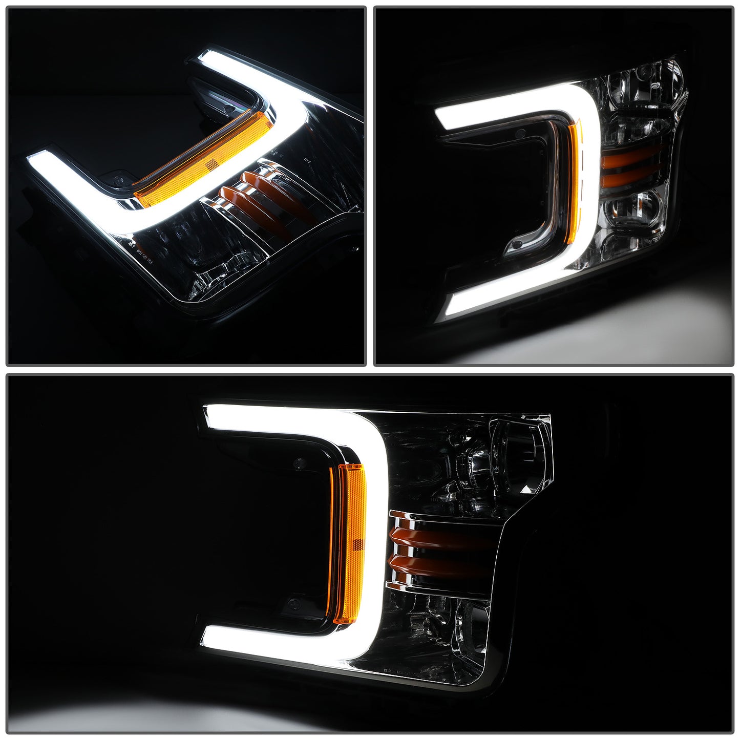 FAROS 18-21 FORD F-150 - FITS MODELS WITH HALOGEN HEADLIGHTS ONLY - C-BAR LED DRL - SEQUENTIAL LED - CHROME HOUSING / AMBER CORNER