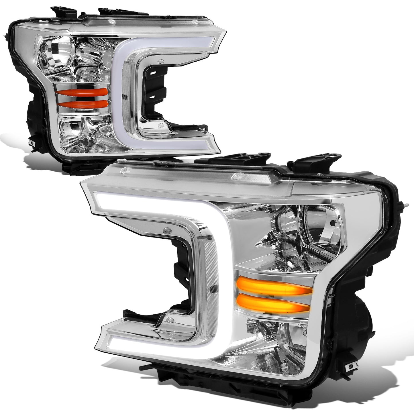 FAROS 18-21 FORD F-150 - FITS MODELS WITH HALOGEN HEADLIGHTS ONLY - C-BAR LED DRL - SEQUENTIAL LED - CHROME HOUSING / AMBER CORNER