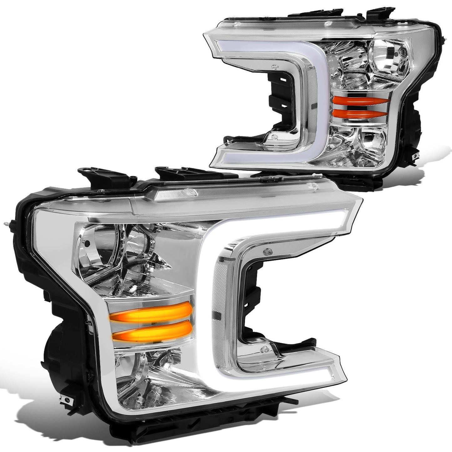 FAROS 18-21 FORD F-150 - FITS MODELS WITH HALOGEN HEADLIGHTS ONLY - C-BAR LED DRL - SEQUENTIAL LED - CHROME HOUSING / AMBER CORNER