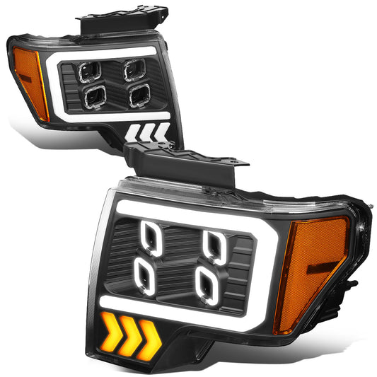 FAROS 09-14 FORD F-150 - ONLY FITS MODELS WITH HALOGEN HEADLIGHTS WITHOUT PROJECTOR - DAYTIME RUNNING LIGHT BAR REQUIRES WIRING INTO EXISITING LIGHTING HARNESS - QUAD LED DRL HALO RING - PROJECTOR HIGH / LOW BEAM - BLACK HOUSING / AMBER CORNER
