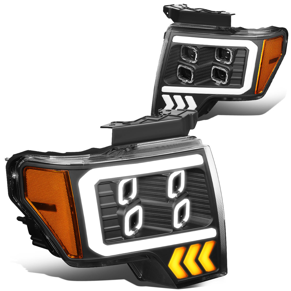 FAROS 09-14 FORD F-150 - ONLY FITS MODELS WITH HALOGEN HEADLIGHTS WITHOUT PROJECTOR - DAYTIME RUNNING LIGHT BAR REQUIRES WIRING INTO EXISITING LIGHTING HARNESS - QUAD LED DRL HALO RING - PROJECTOR HIGH / LOW BEAM - BLACK HOUSING / AMBER CORNER