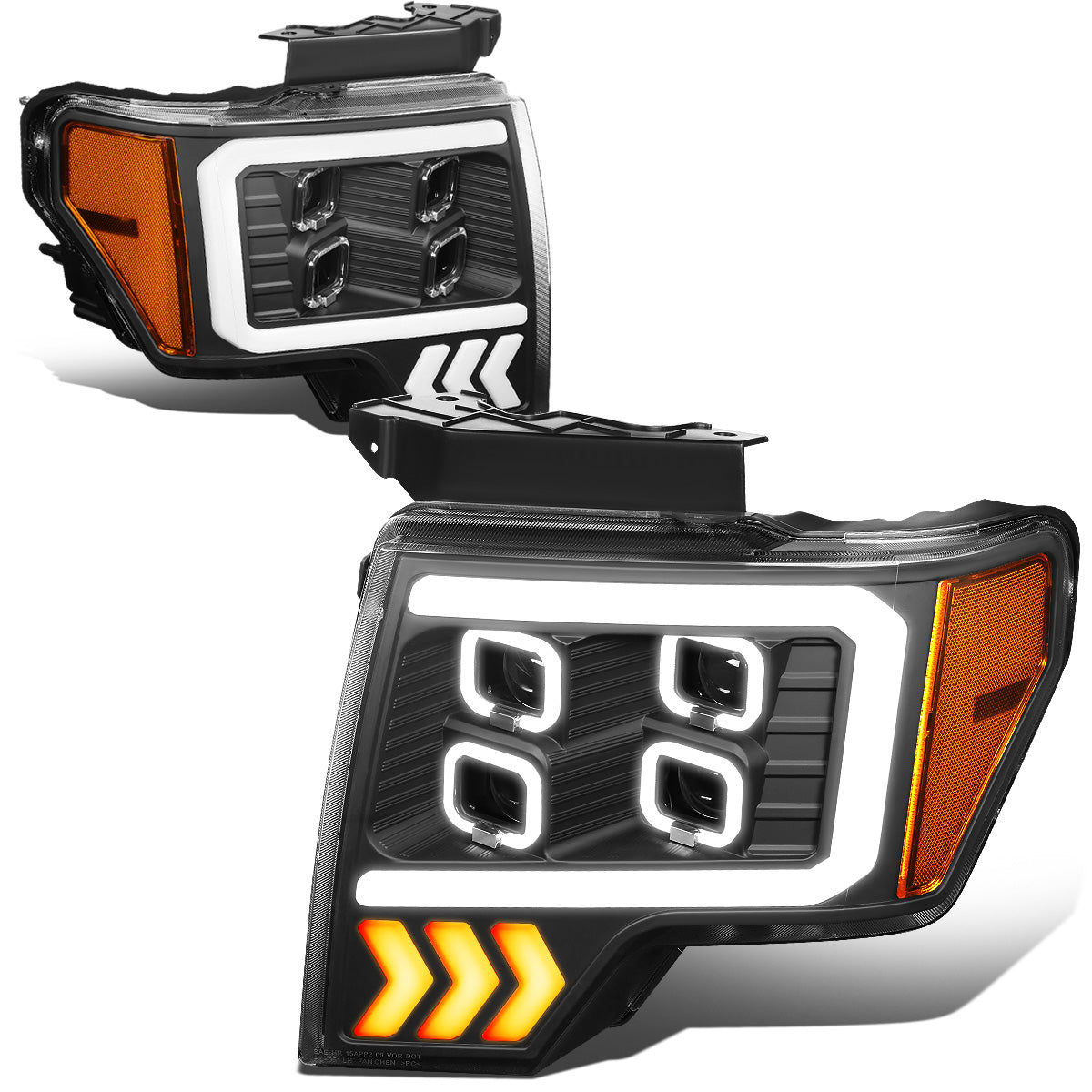 FAROS 09-14 FORD F-150 - ONLY FITS MODELS WITH HALOGEN HEADLIGHTS WITHOUT PROJECTOR - DAYTIME RUNNING LIGHT BAR REQUIRES WIRING INTO EXISITING LIGHTING HARNESS - QUAD LED DRL HALO RING - PROJECTOR HIGH / LOW BEAM - BLACK HOUSING / AMBER CORNER