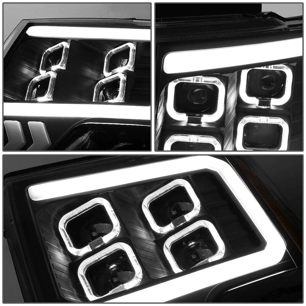 FAROS 09-14 FORD F-150 - ONLY FITS MODELS WITH HALOGEN HEADLIGHTS WITHOUT PROJECTOR - DAYTIME RUNNING LIGHT BAR REQUIRES WIRING INTO EXISITING LIGHTING HARNESS - QUAD LED DRL HALO RING - PROJECTOR HIGH / LOW BEAM - BLACK HOUSING / AMBER CORNER