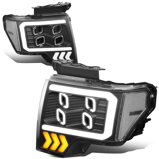 FAROS 09-14 FORD F-150 - ONLY FITS MODELS WITH HALOGEN HEADLIGHTS WITHOUT PROJECTOR - DAYTIME RUNNING LIGHT BAR REQUIRES WIRING INTO EXISITING LIGHTING HARNESS - QUAD LED DRL HALO RING - PROJECTOR HIGH / LOW BEAM - BLACK HOUSING / CLEAR CORNER