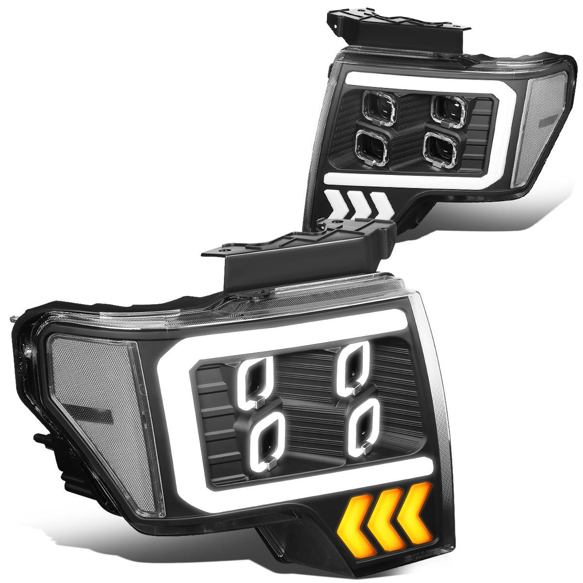 FAROS 09-14 FORD F-150 - ONLY FITS MODELS WITH HALOGEN HEADLIGHTS WITHOUT PROJECTOR - DAYTIME RUNNING LIGHT BAR REQUIRES WIRING INTO EXISITING LIGHTING HARNESS - QUAD LED DRL HALO RING - PROJECTOR HIGH / LOW BEAM - BLACK HOUSING / CLEAR CORNER