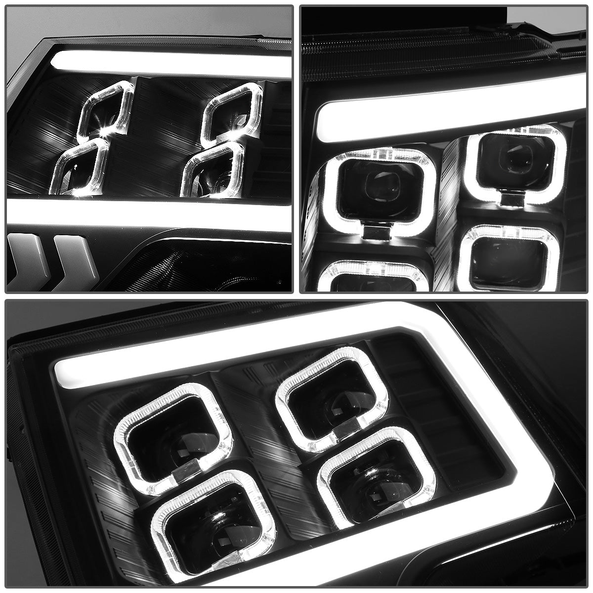 FAROS 09-14 FORD F-150 - ONLY FITS MODELS WITH HALOGEN HEADLIGHTS WITHOUT PROJECTOR - DAYTIME RUNNING LIGHT BAR REQUIRES WIRING INTO EXISITING LIGHTING HARNESS - QUAD LED DRL HALO RING - PROJECTOR HIGH / LOW BEAM - BLACK HOUSING / CLEAR CORNER