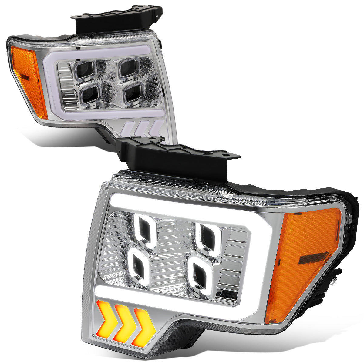 FAROS 09-14 FORD F-150 - ONLY FITS MODELS WITH HALOGEN HEADLIGHTS WITHOUT PROJECTOR - DAYTIME RUNNING LIGHT BAR REQUIRES WIRING INTO EXISITING LIGHTING HARNESS - QUAD LED DRL HALO RING - PROJECTOR HIGH / LOW BEAM - CHROME HOUSING / AMBER CORNER
