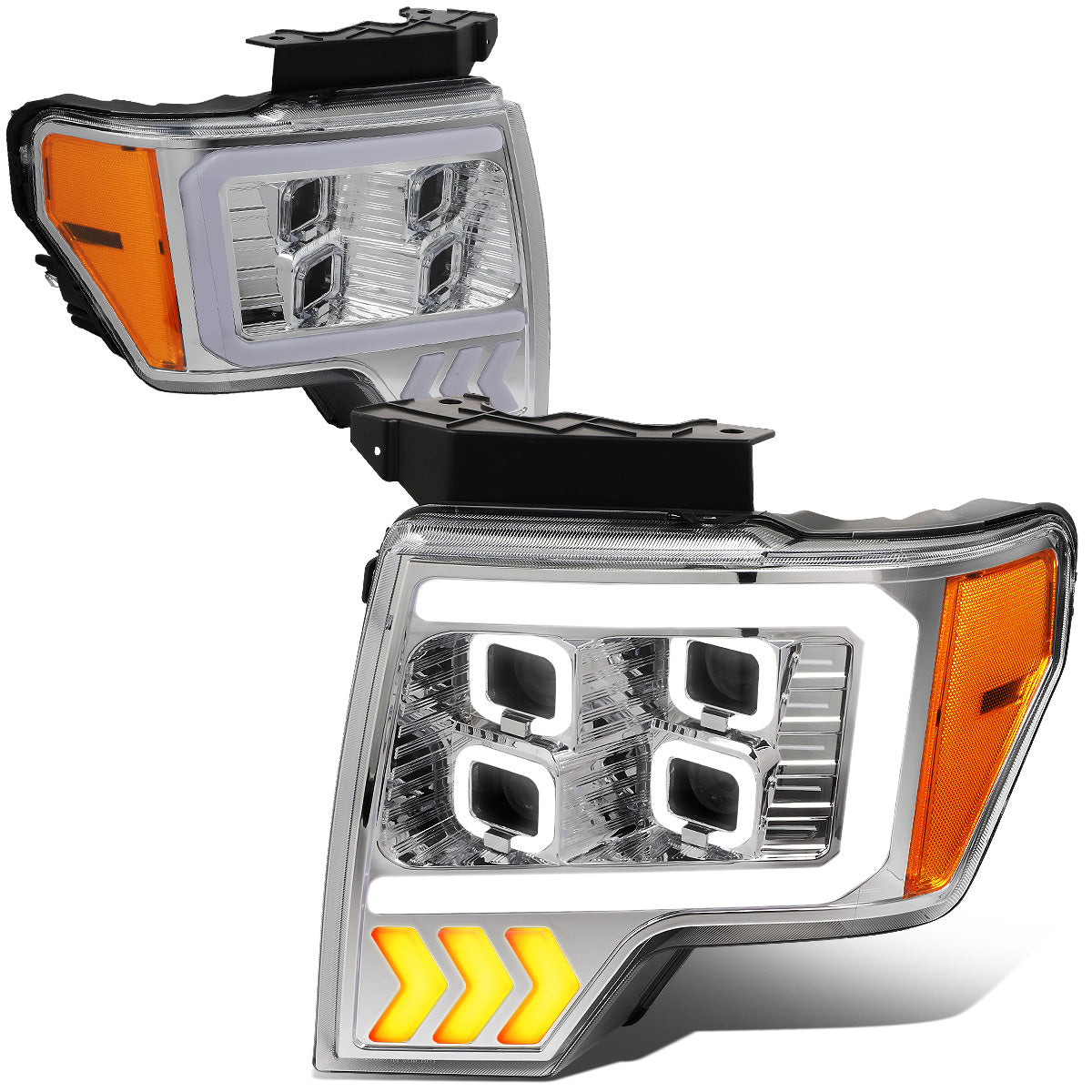 FAROS 09-14 FORD F-150 - ONLY FITS MODELS WITH HALOGEN HEADLIGHTS WITHOUT PROJECTOR - DAYTIME RUNNING LIGHT BAR REQUIRES WIRING INTO EXISITING LIGHTING HARNESS - QUAD LED DRL HALO RING - PROJECTOR HIGH / LOW BEAM - CHROME HOUSING / AMBER CORNER
