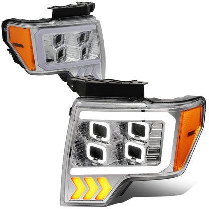 FAROS 09-14 FORD F-150 - ONLY FITS MODELS WITH HALOGEN HEADLIGHTS WITHOUT PROJECTOR - DAYTIME RUNNING LIGHT BAR REQUIRES WIRING INTO EXISITING LIGHTING HARNESS - QUAD LED DRL HALO RING - PROJECTOR HIGH / LOW BEAM - CHROME HOUSING / AMBER CORNER