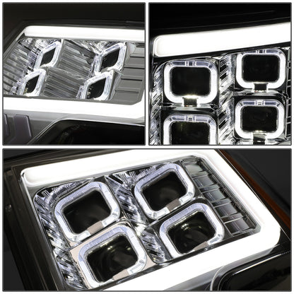 FAROS 09-14 FORD F-150 - ONLY FITS MODELS WITH HALOGEN HEADLIGHTS WITHOUT PROJECTOR - DAYTIME RUNNING LIGHT BAR REQUIRES WIRING INTO EXISITING LIGHTING HARNESS - QUAD LED DRL HALO RING - PROJECTOR HIGH / LOW BEAM - CHROME HOUSING / AMBER CORNER