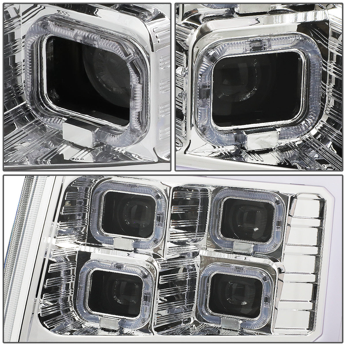 FAROS 09-14 FORD F-150 - ONLY FITS MODELS WITH HALOGEN HEADLIGHTS WITHOUT PROJECTOR - DAYTIME RUNNING LIGHT BAR REQUIRES WIRING INTO EXISITING LIGHTING HARNESS - QUAD LED DRL HALO RING - PROJECTOR HIGH / LOW BEAM - CHROME HOUSING / AMBER CORNER