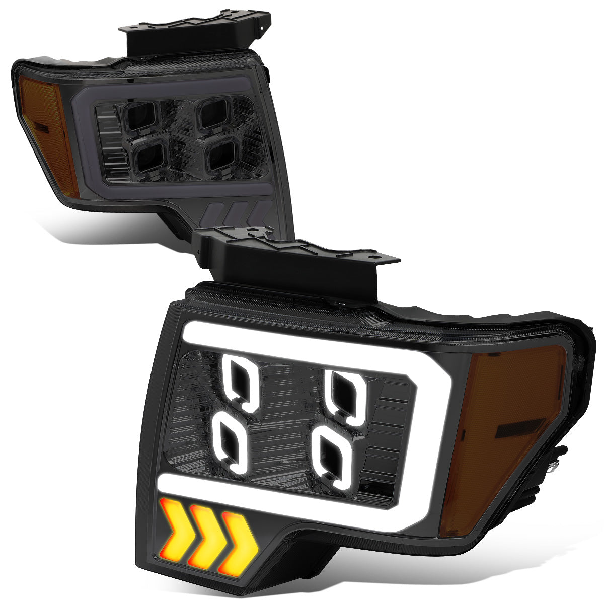 FAROS 09-14 FORD F-150 - ONLY FITS MODELS WITH HALOGEN HEADLIGHTS WITHOUT PROJECTOR - DAYTIME RUNNING LIGHT BAR REQUIRES WIRING INTO EXISITING LIGHTING HARNESS - QUAD LED DRL HALO RING - PROJECTOR HIGH / LOW BEAM - SMOKE HOUSING / AMBER CORNER