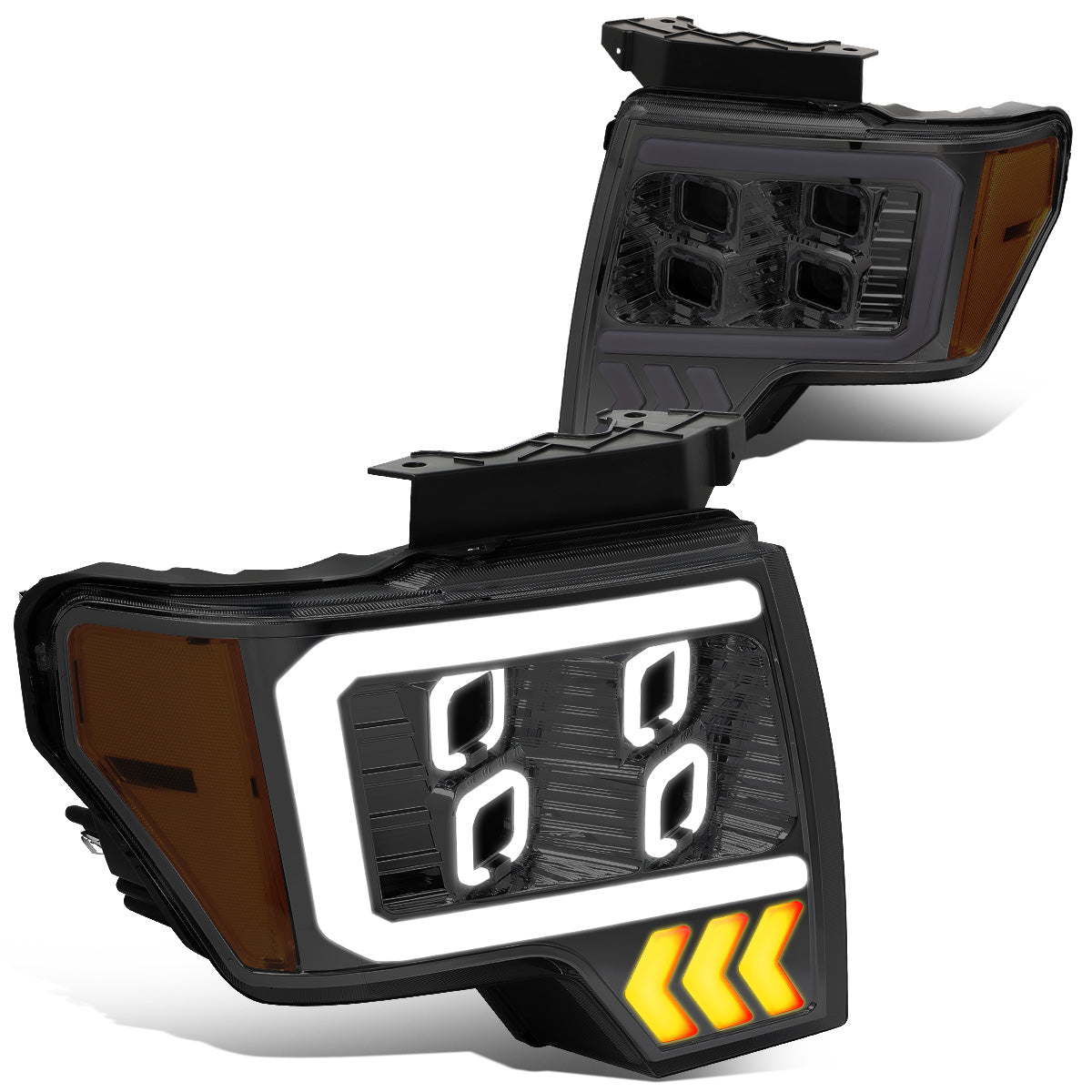 FAROS 09-14 FORD F-150 - ONLY FITS MODELS WITH HALOGEN HEADLIGHTS WITHOUT PROJECTOR - DAYTIME RUNNING LIGHT BAR REQUIRES WIRING INTO EXISITING LIGHTING HARNESS - QUAD LED DRL HALO RING - PROJECTOR HIGH / LOW BEAM - SMOKE HOUSING / AMBER CORNER