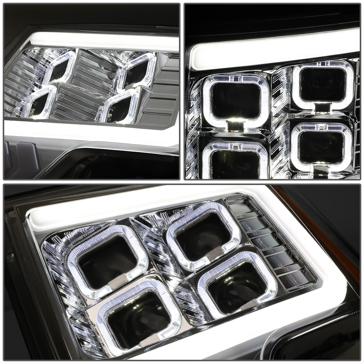 FAROS 09-14 FORD F-150 - ONLY FITS MODELS WITH HALOGEN HEADLIGHTS WITHOUT PROJECTOR - DAYTIME RUNNING LIGHT BAR REQUIRES WIRING INTO EXISITING LIGHTING HARNESS - QUAD LED DRL HALO RING - PROJECTOR HIGH / LOW BEAM - SMOKE HOUSING / AMBER CORNER