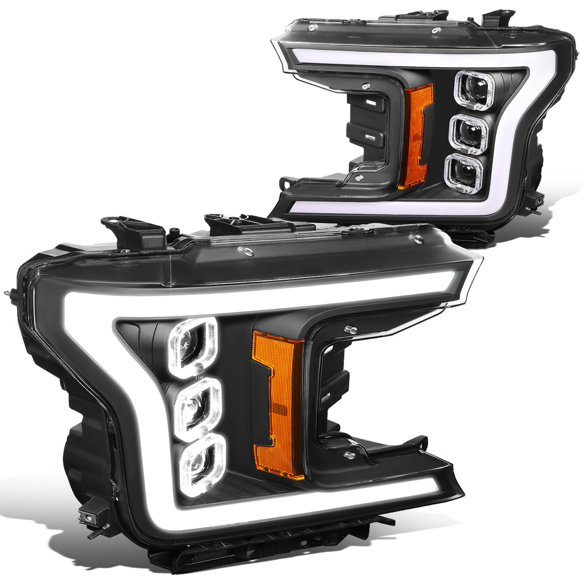 FAROS 18-20 FORD F-150 - FITS MODELS WITH HALOGEN HEADLIGHTS ONLY - SEQUENTIAL LED DRL RING - PROJECTOR HIGH / LOW BEAM - BLACK HOUSING / AMBER CORNER - 194 MARKER - REUSE FACTORY BULB