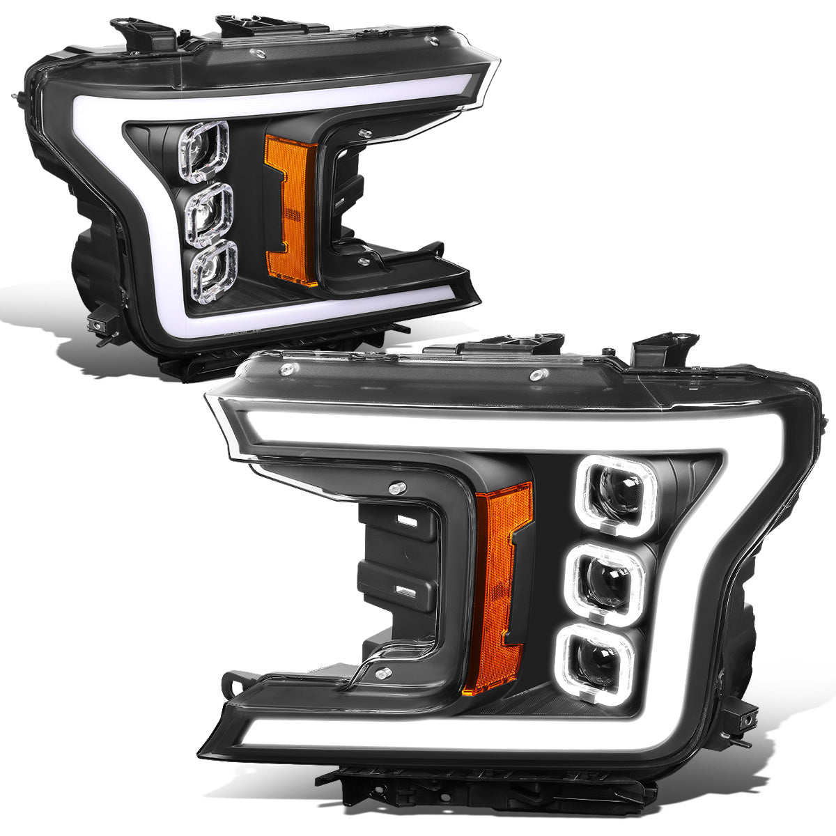 FAROS 18-20 FORD F-150 - FITS MODELS WITH HALOGEN HEADLIGHTS ONLY - SEQUENTIAL LED DRL RING - PROJECTOR HIGH / LOW BEAM - BLACK HOUSING / AMBER CORNER - 194 MARKER - REUSE FACTORY BULB