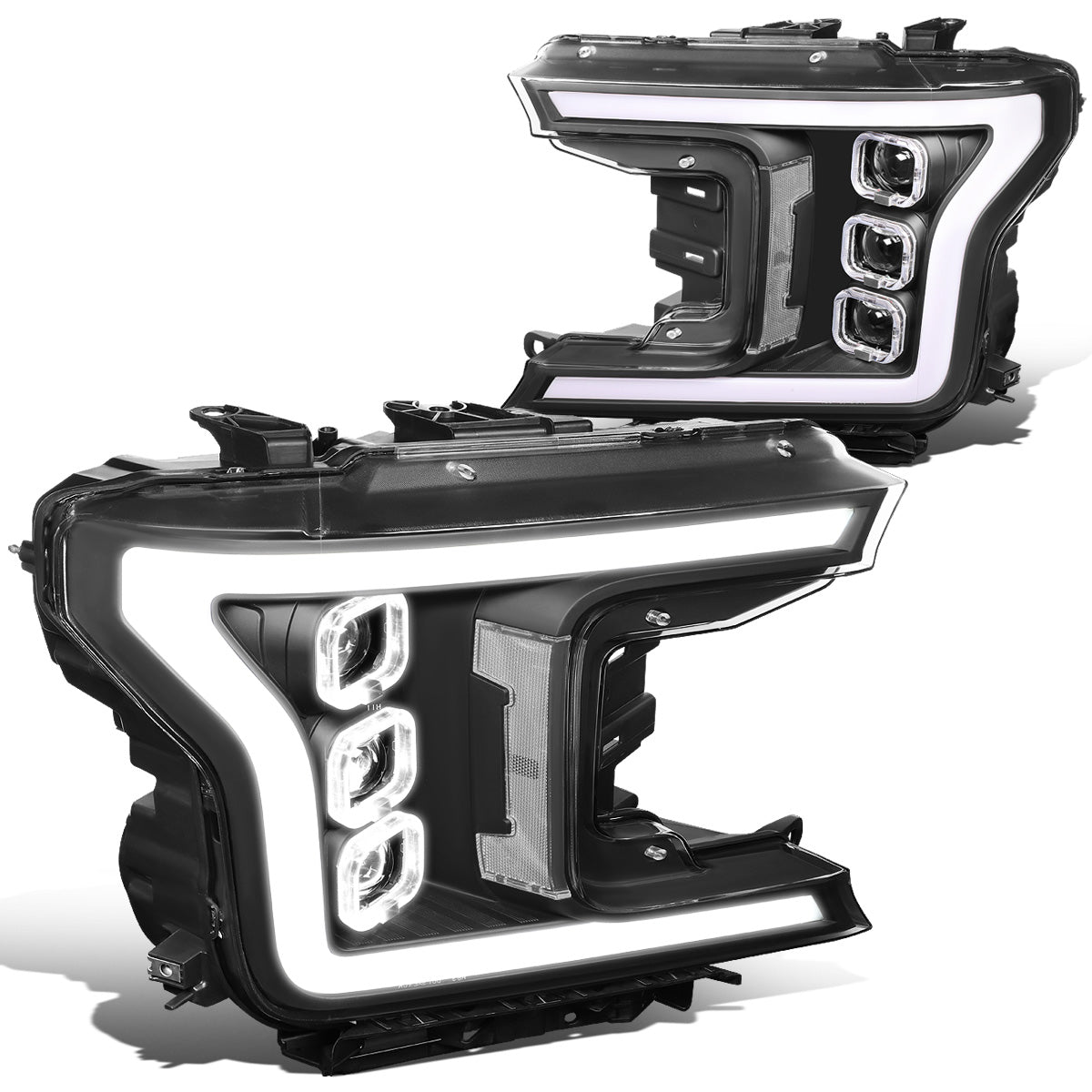 FAROS 18-20 FORD F-150 - FITS MODELS WITH HALOGEN HEADLIGHTS ONLY - SEQUENTIAL LED DRL RING - PROJECTOR HIGH / LOW BEAM - BLACK HOUSING / CLEAR CORNER - 194 MARKER - REUSE FACTORY BULB