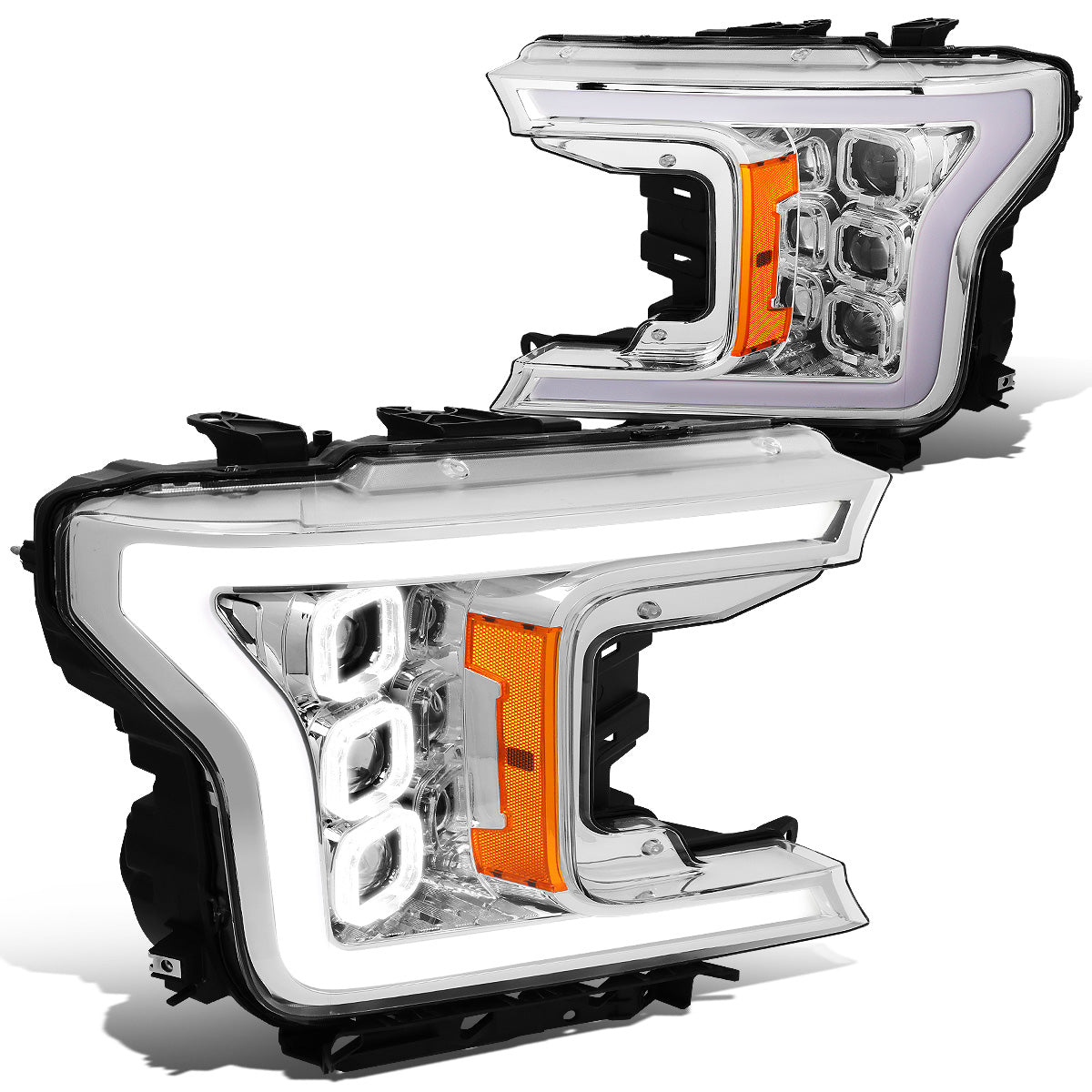 FAROS 18-20 FORD F-150 - FITS MODELS WITH HALOGEN HEADLIGHTS ONLY - SEQUENTIAL LED DRL RING - PROJECTOR HIGH / LOW BEAM - CHROME HOUSING / AMBER CORNER - 194 MARKER - REUSE FACTORY BULB